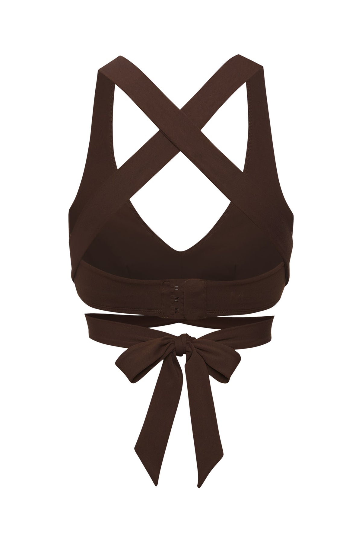Back view of the Espresso Hudson Bra showcasing crossed wraparound straps and three hook and eye closure on white background