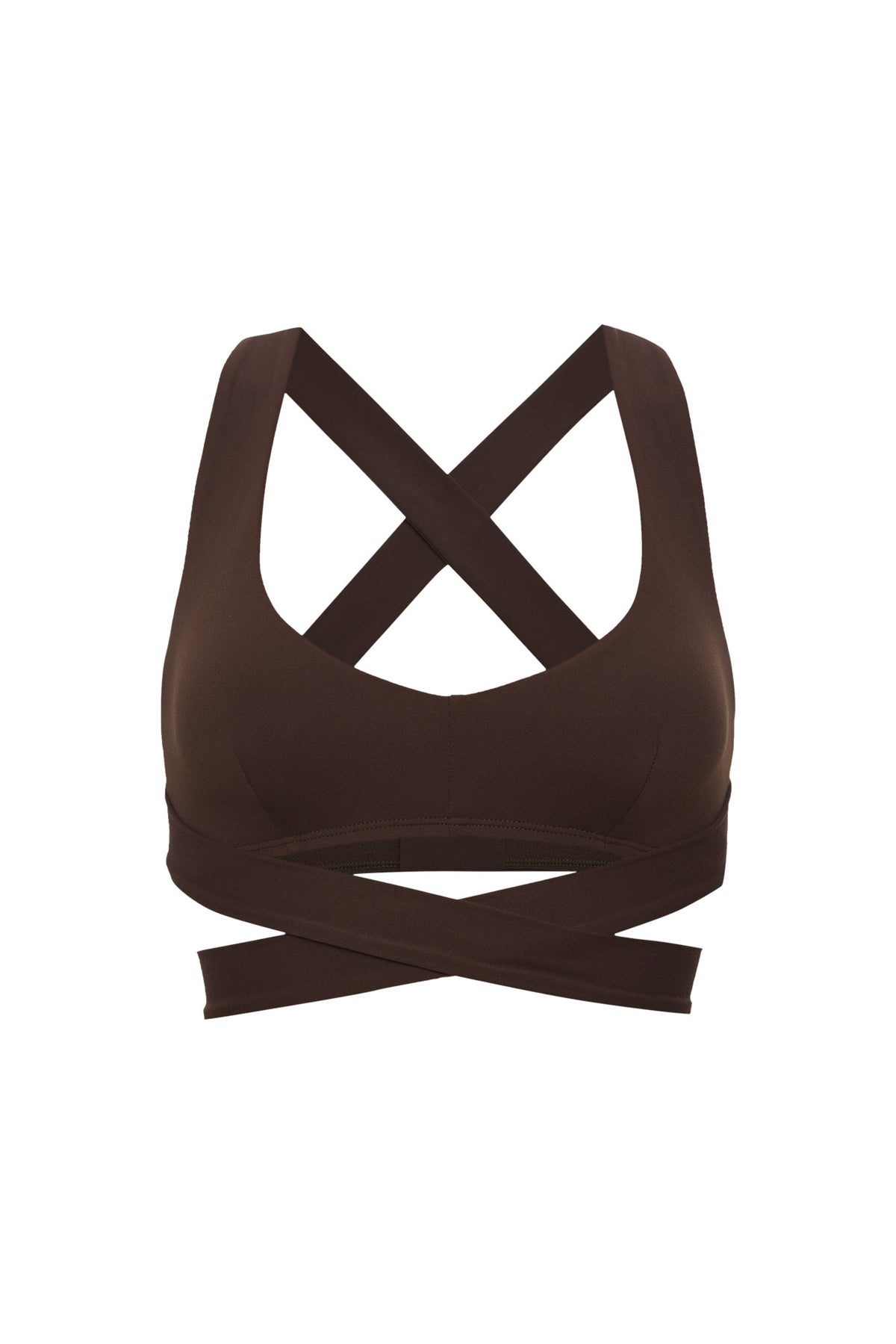 Front view of Hudson Bra in Espresso showcasing crossed wraparound straps on a white background