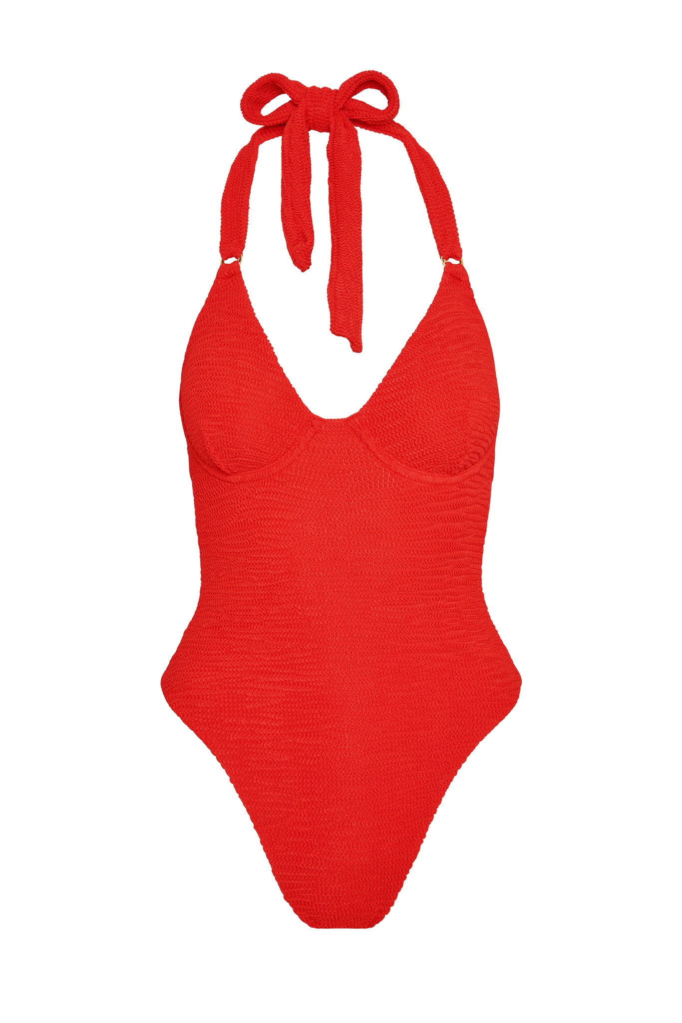 Red textured one-piece halter swimsuit with tie at neck, molded cups and high-cut leg openings.