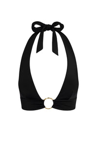 Front view of Ibiza Top in black showcasing adjustable halter tie and gold ring detail on white background