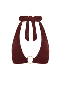 Front view of Ibiza Top in Deep Burgundy Crinkle showcasing adjustable tie straps and gold ring detail with white background