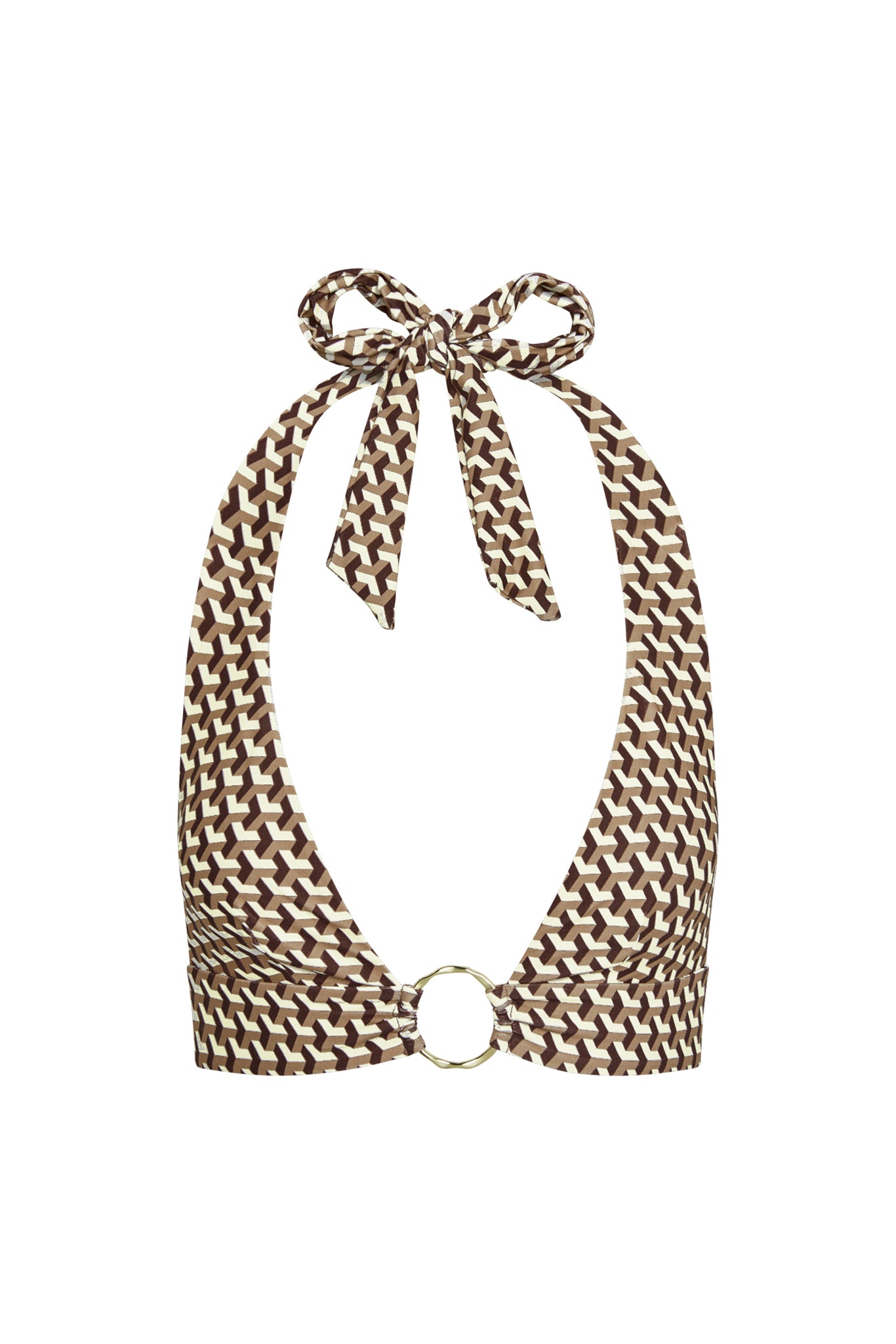 Front view of Ibiza Top in Husk Geo showing plunging halter neckline, gold ring and brown geometric print on white