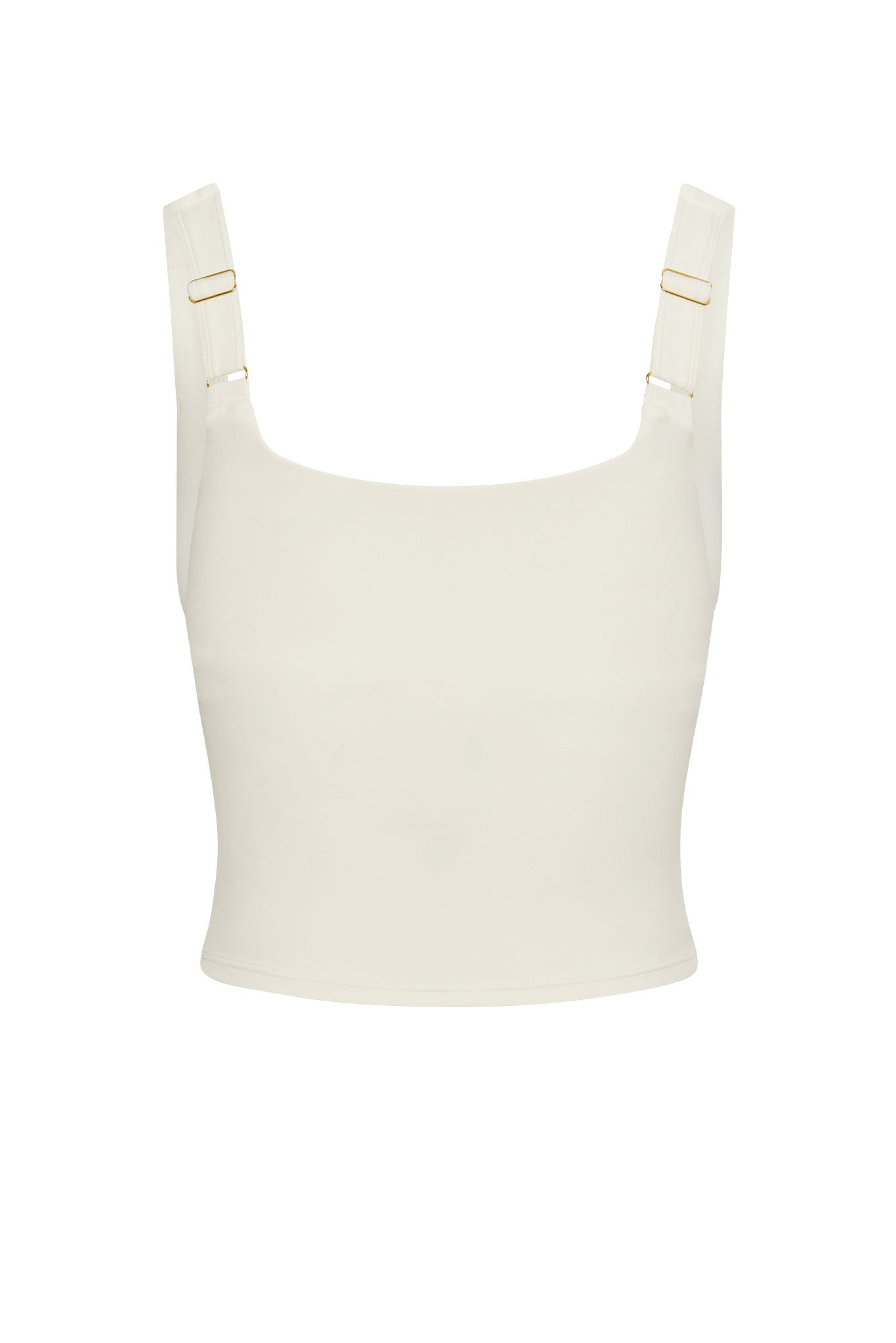 Ivory cropped tank top with square neckline, wide adjustable straps and gold-tone hardware