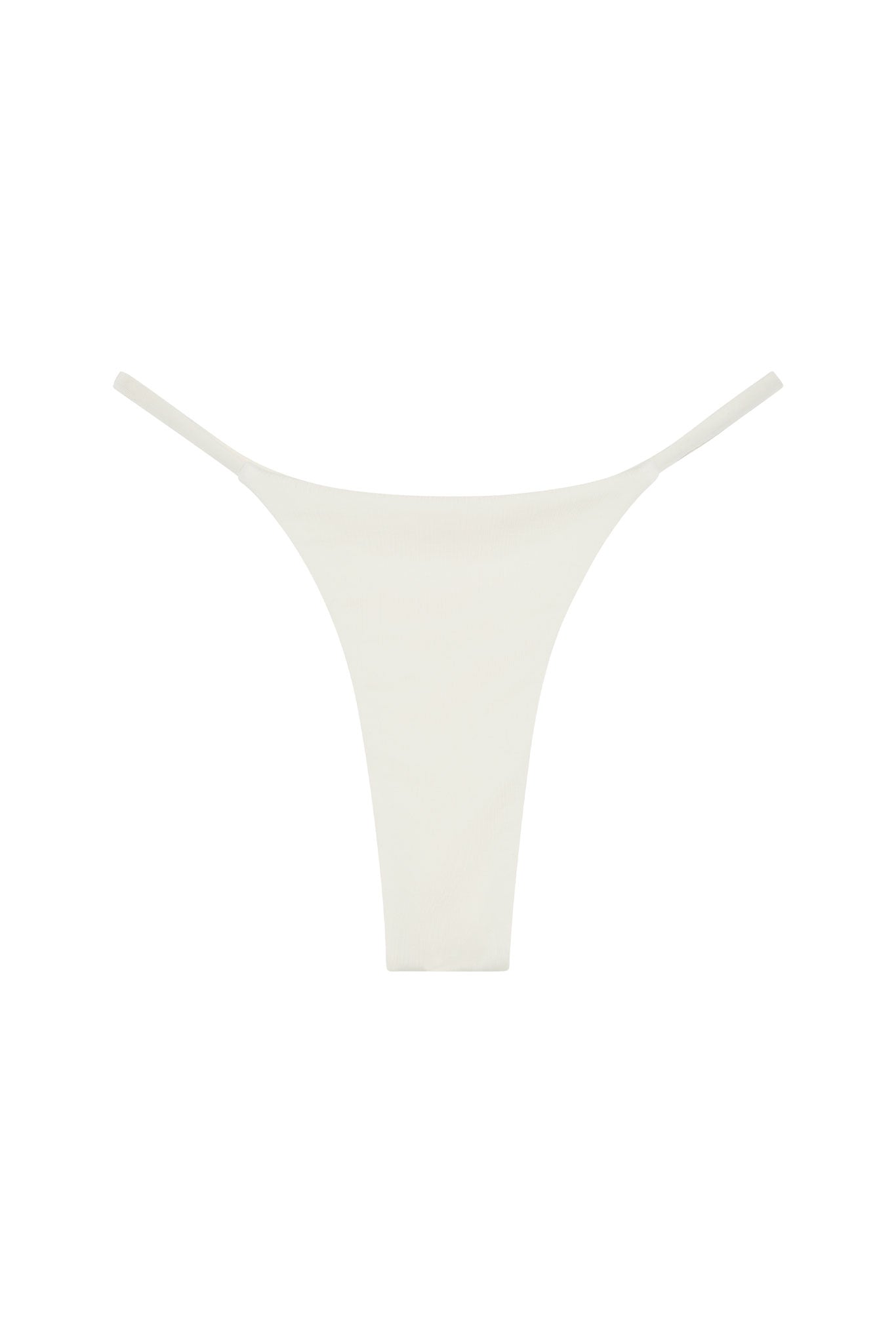 White ribbed thong underwear with thin side straps on a white background.