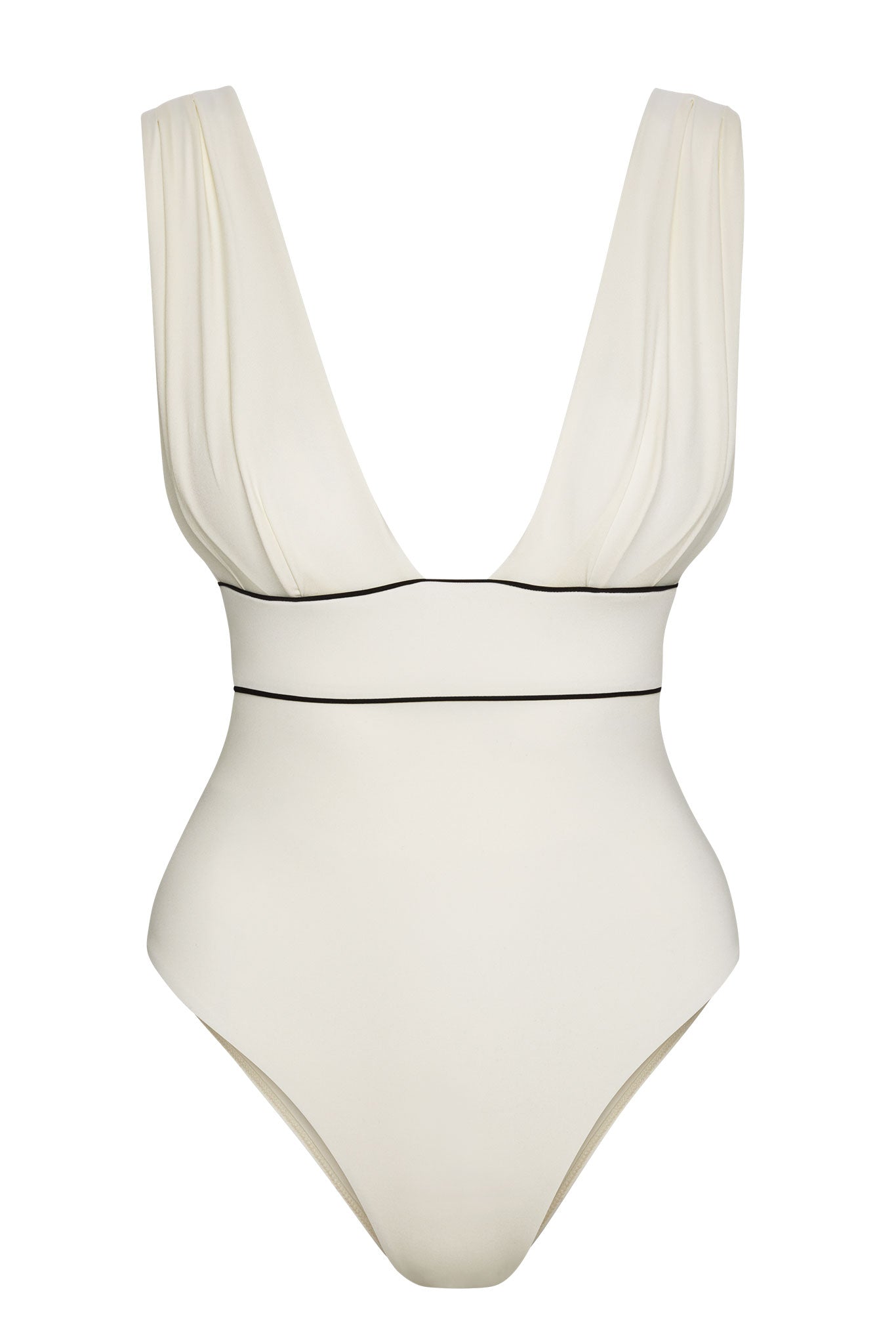 White one-piece swimsuit with plunging V-neckline and thin black piping at the waist.