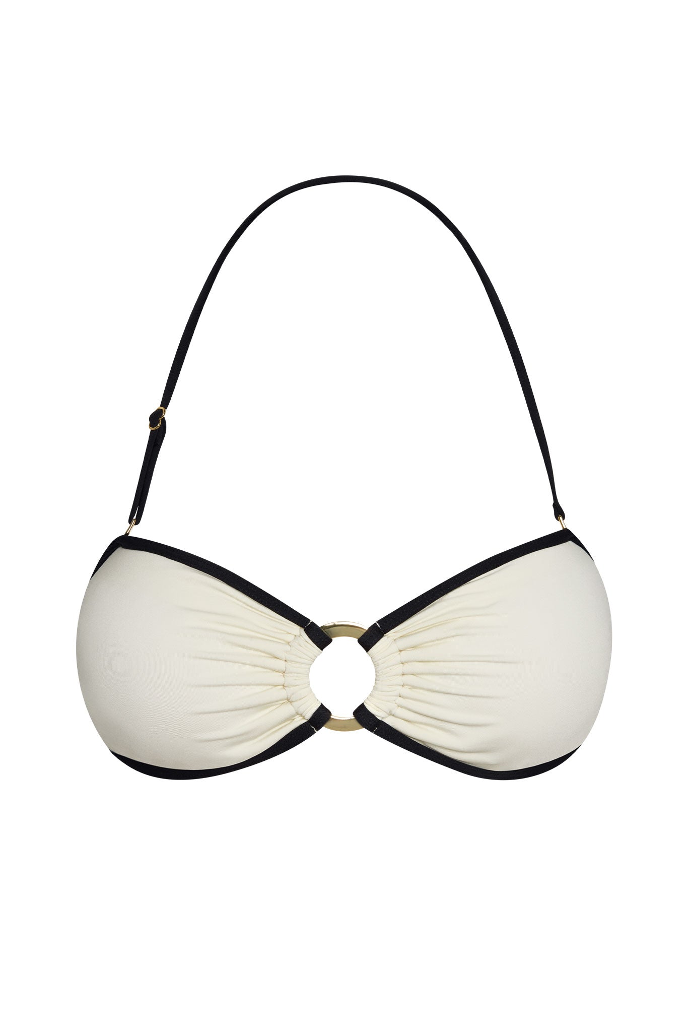 Ivory bandeau bikini top with black trim, gold center ring and adjustable thin halter strap