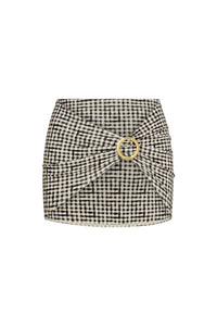 Front view of Jamaica Sarong in black gingham showcasing a knotted front and gold ring buckle on white background