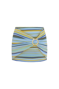 Front close-up of Jamaica Sarong in Sardinia Stripe Azure showing mini length and adjustable gold circular buckle on white background