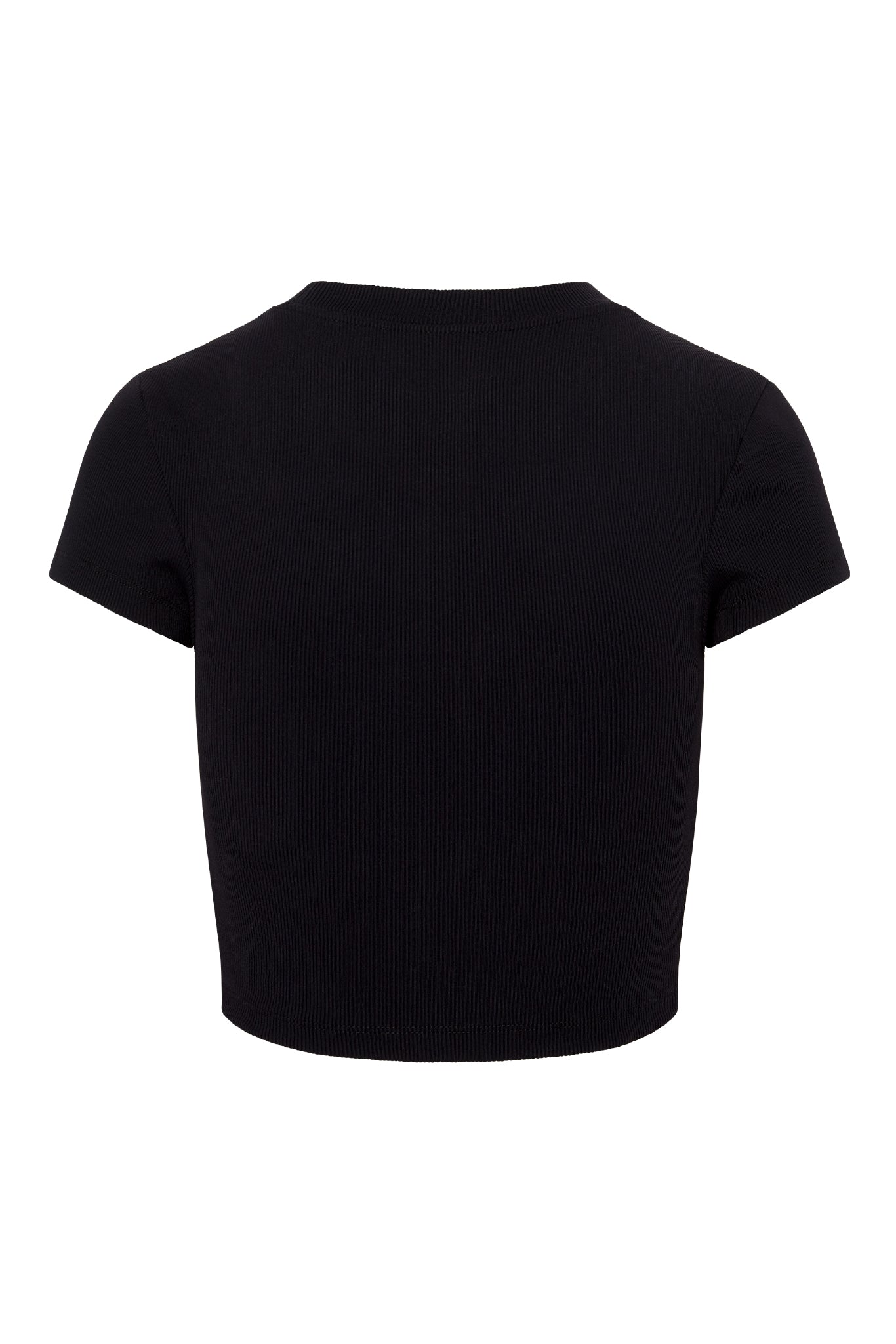 Back view of black ribbed short-sleeve cropped T-shirt on white background.