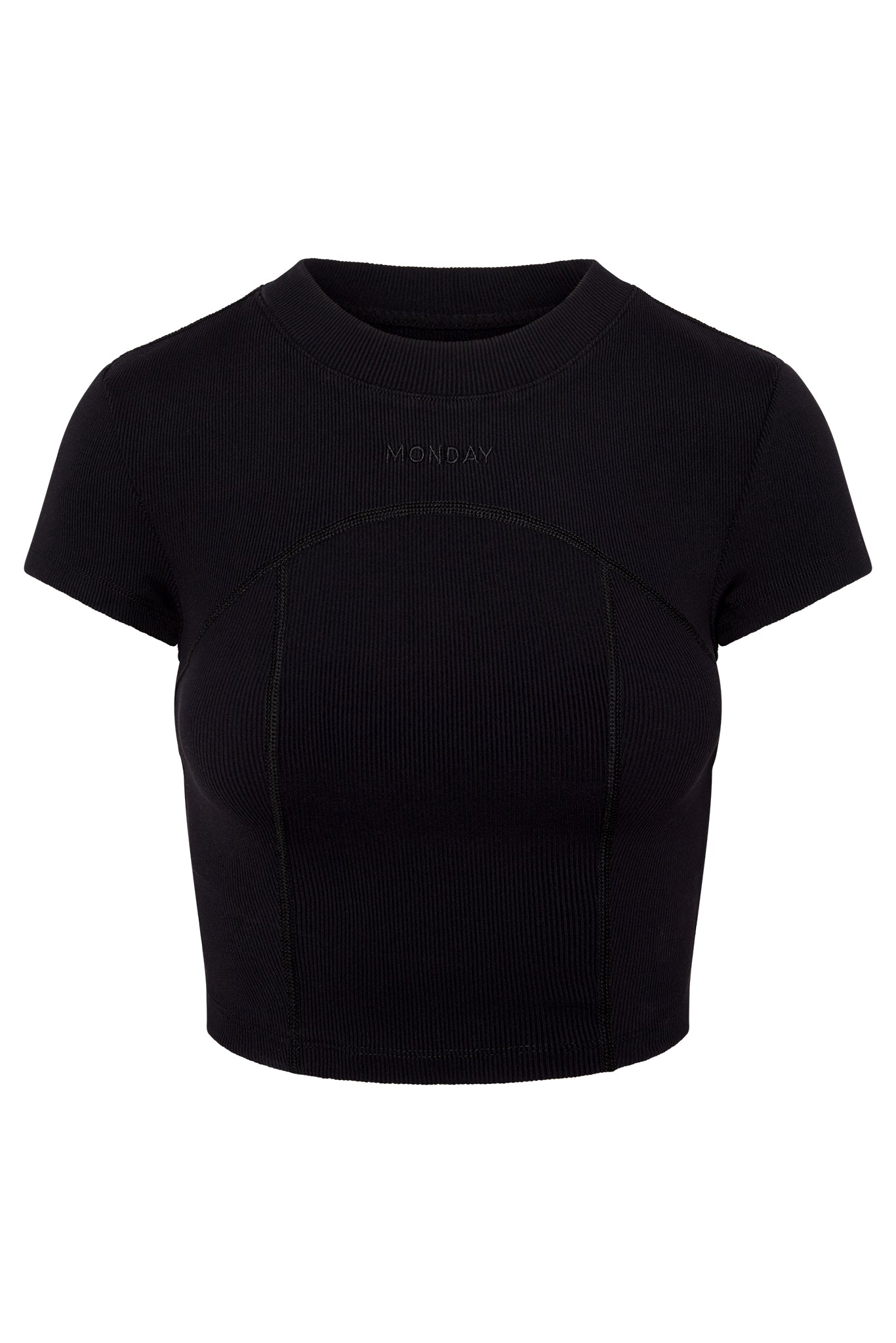Black ribbed short-sleeve cropped top with 'MONDAY' embroidered at chest and curved seam detailing.