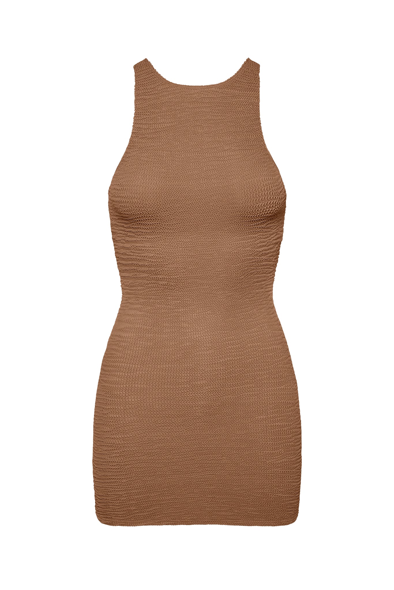 Brown ribbed knit sleeveless bodycon mini dress with high scoop neckline