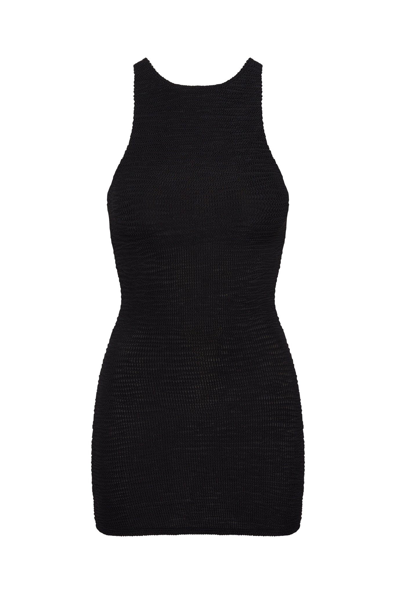 Black knitted sleeveless bodycon mini dress with high halter neckline on white background