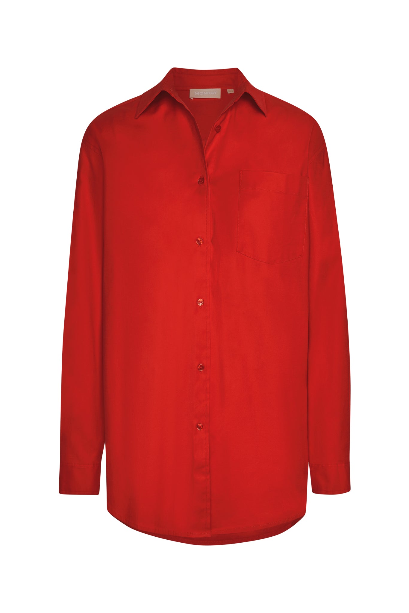 Front view of La Jolla Shirt in Chili Pepper showing collared button front, chest pocket, and long sleeves on white background