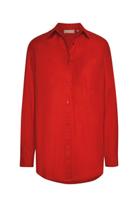 Front view of La Jolla Shirt in Chili Pepper showing collared button front, chest pocket, and long sleeves on white background