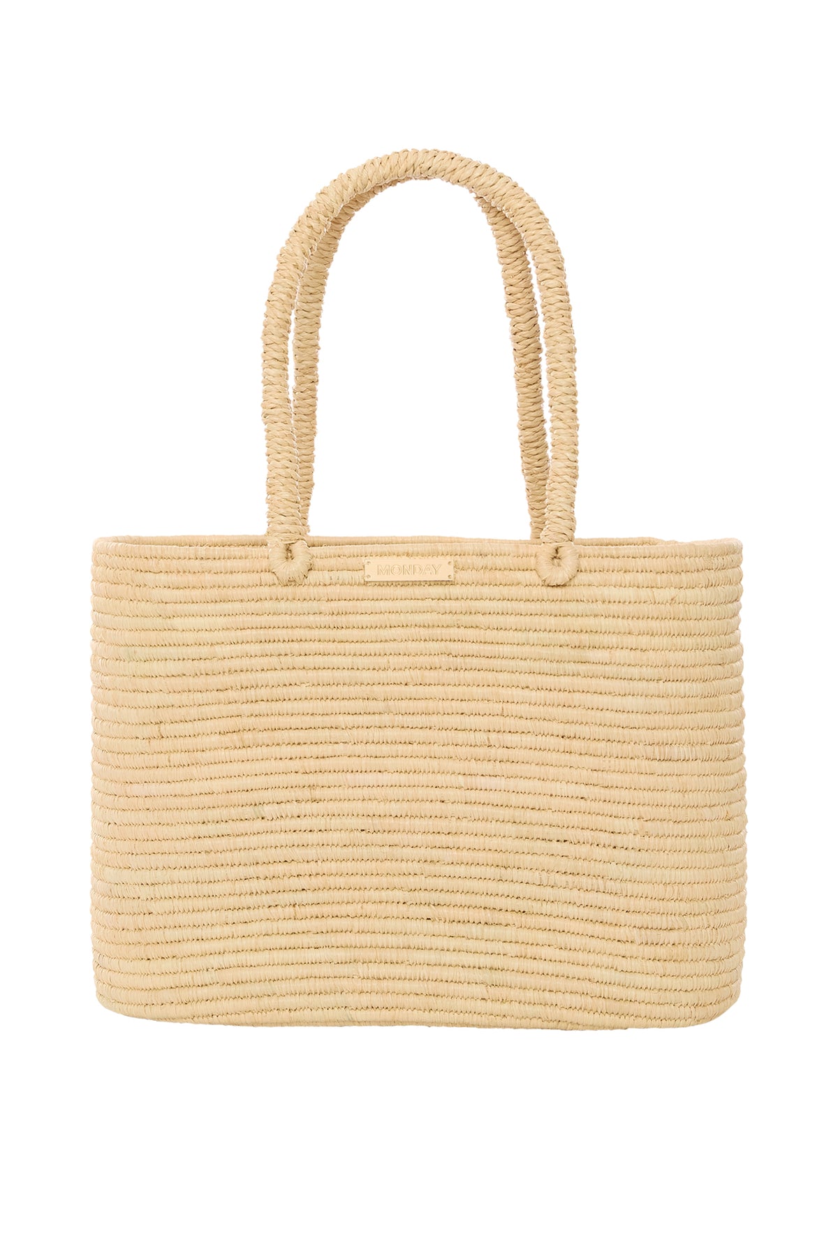 Front view of Valencia Bag Large showcasing woven raffia texture, braided handles, and gold MONDAY plaque with white background