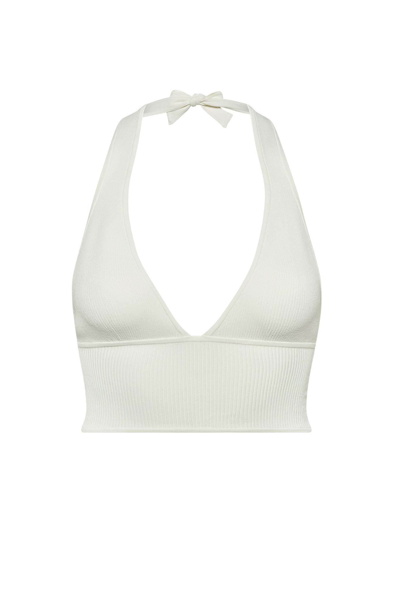 White ribbed halter crop top with V-neck and tie at the neck
