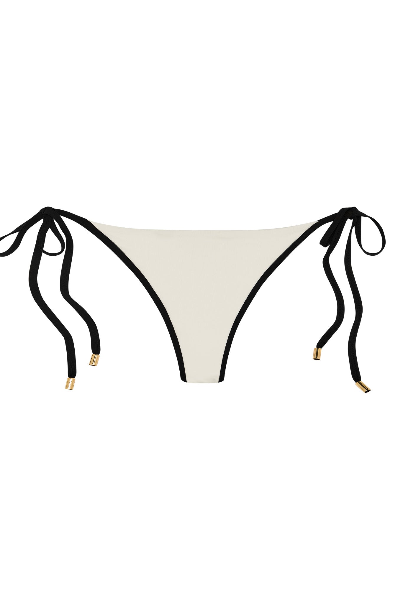 Cream bikini bottom with black trim and adjustable side ties with gold end caps.