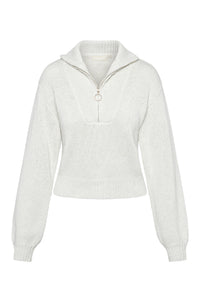 White knit quarter-zip sweater with ribbed hem and cuffs and ring zipper pull; label reads MONDAY.