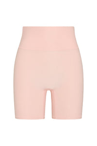 Front of Griffith Short in Heather Powder Pink showing high waist with doubled waistband and front pocket detail on white background