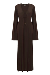 Front view of Marabella Kaftan showcasing espresso tissue jersey, maxi length, long sleeves, V-neck and front neck ties