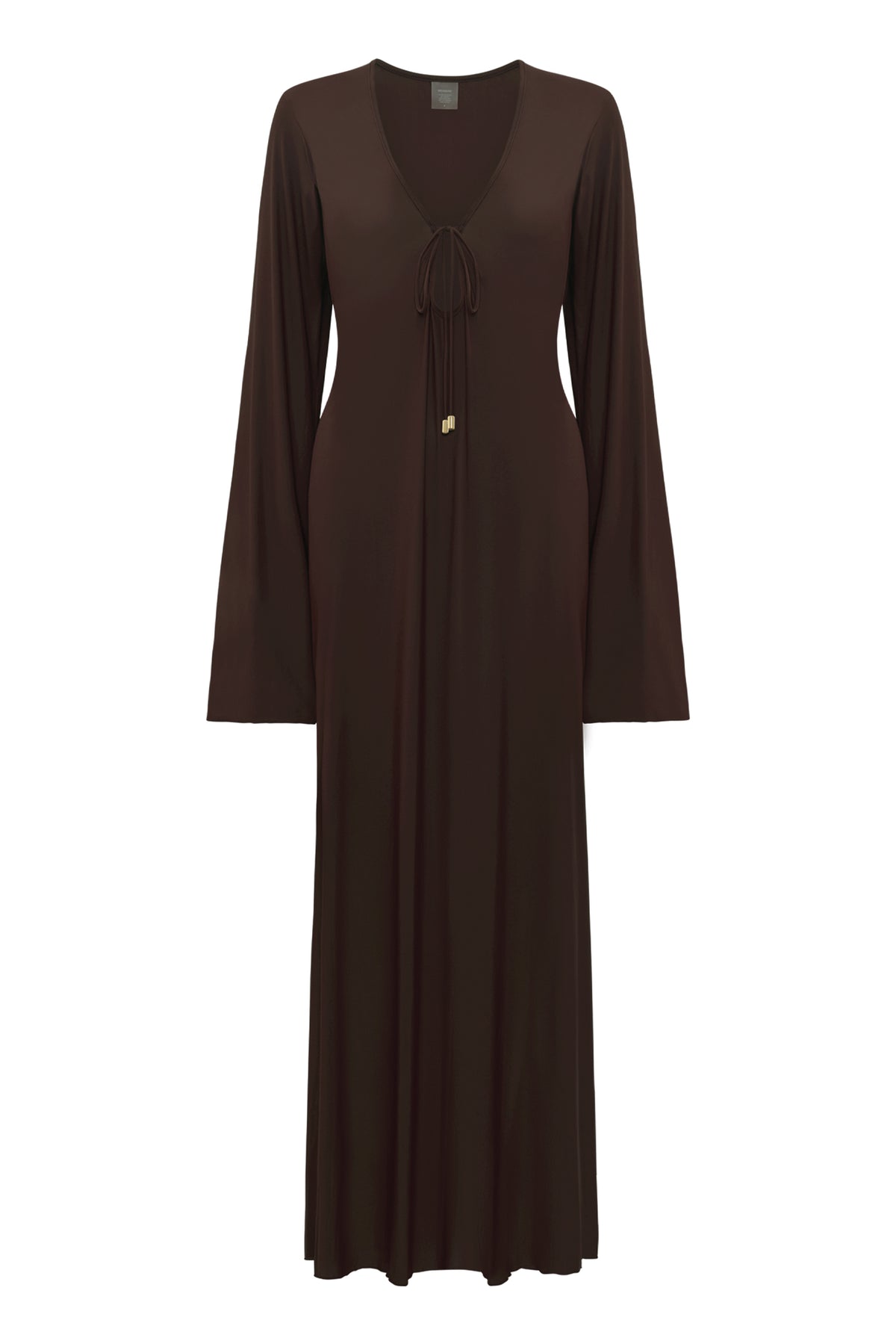 Front view of Marabella Kaftan showcasing espresso tissue jersey, maxi length, long sleeves, V-neck and front neck ties