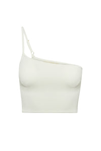 Front close up of Marina Del Rey Knitwear Top White Rib showcasing one shoulder crop silhouette, adjustable shoulder strap and ribbed knit on white background