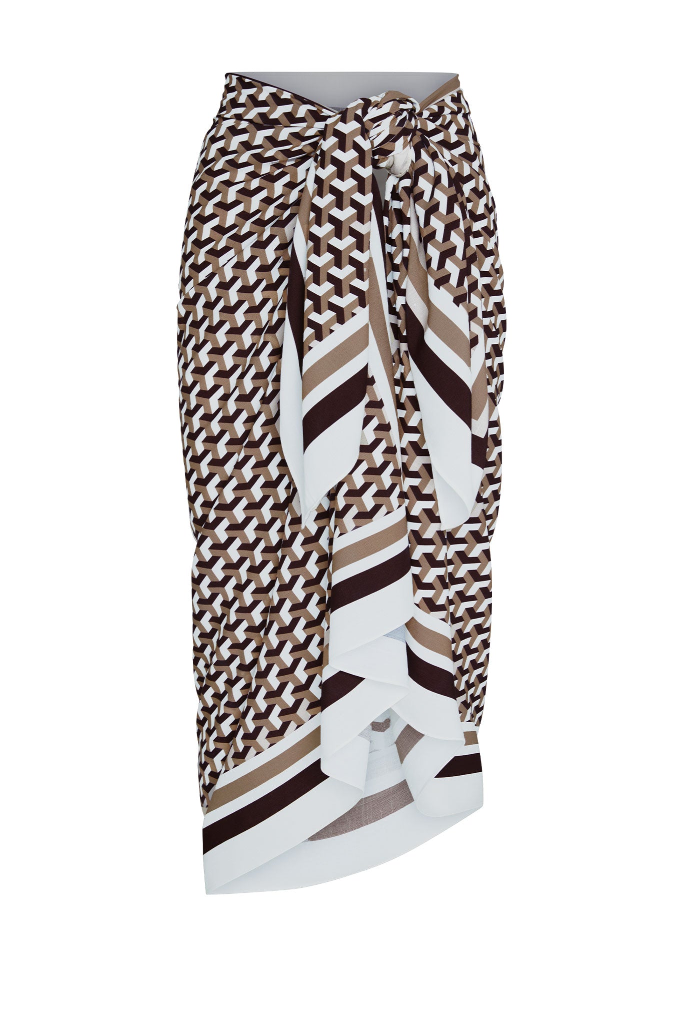 Brown, white and tan geometric-print wrap skirt with front knot and cascading ruffle hem