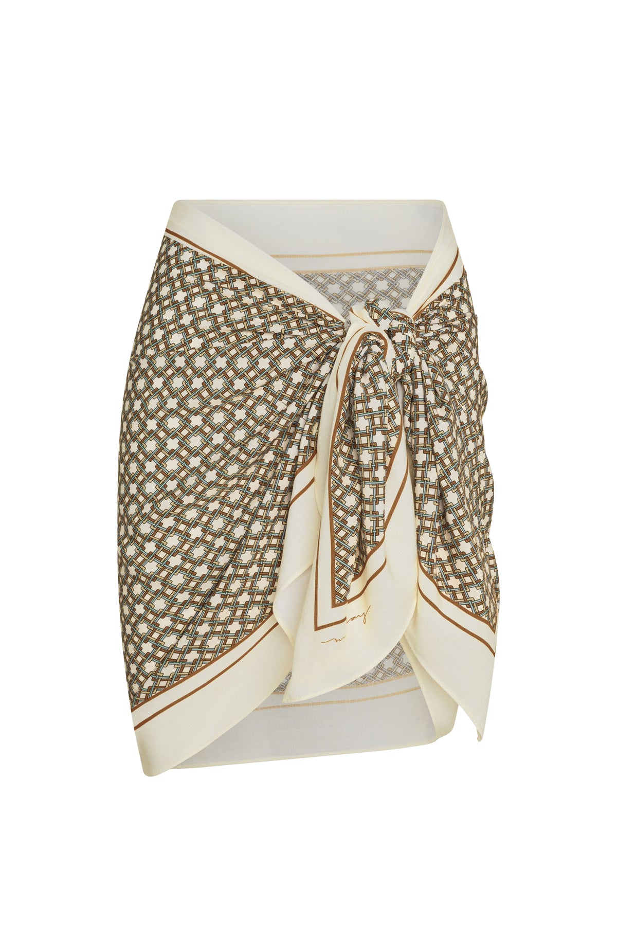 Front view of Marina Piccola Scarf - Tile Geo showcasing its tile-geo print, tied as a sarong against a white background