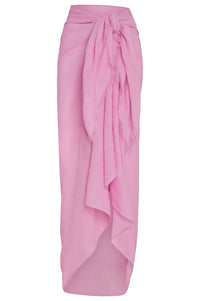 Front view of St. Tropez sarong in Moonlight crinkle linen with tied knot, raw frayed edge and semi-sheer texture on white