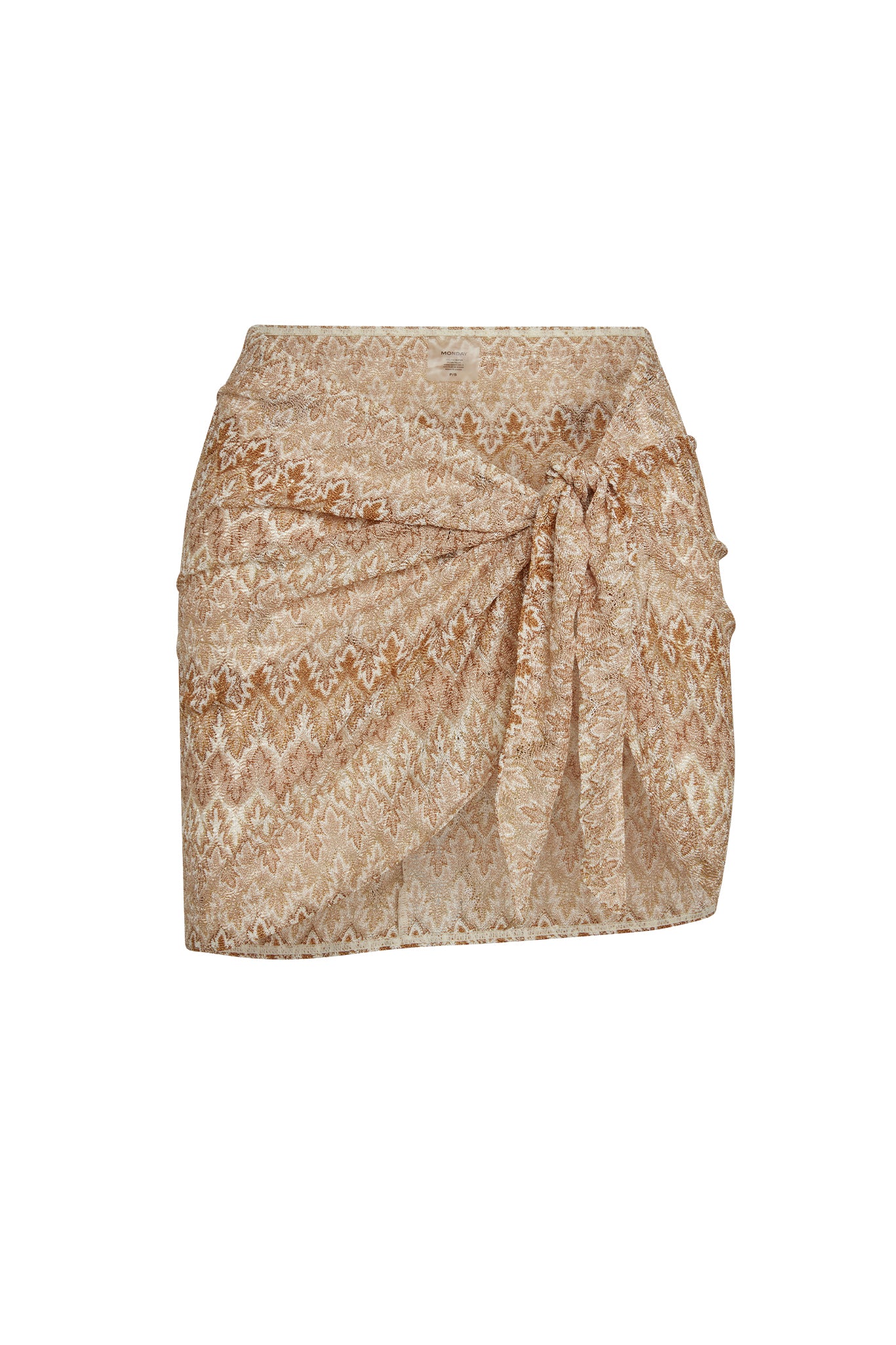 Front view of St. Barth's Skirt in Porto Cervo Gold showcasing wrap-tie waist and textured gold pattern on white background