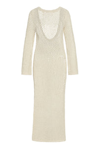 Front view of Cozumel Dress in ivory petit crochet, open-knit fabric with long sleeves and deep scoop neckline