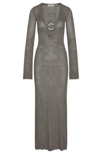 Front view of Montego Dress in steel treble knit with plunging neckline, center front gold ring, long flared sleeves on white