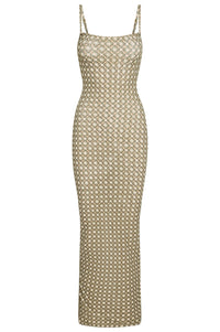 Front of Provence Dress Tile Geo mesh, fitted bodycon with thin straps and all over tile print on white background