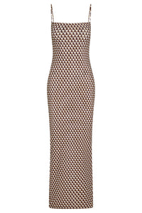 Front view of Provence Dress Husk Geo showcasing bodycon fit, square neckline and adjustable spaghetti straps on white background