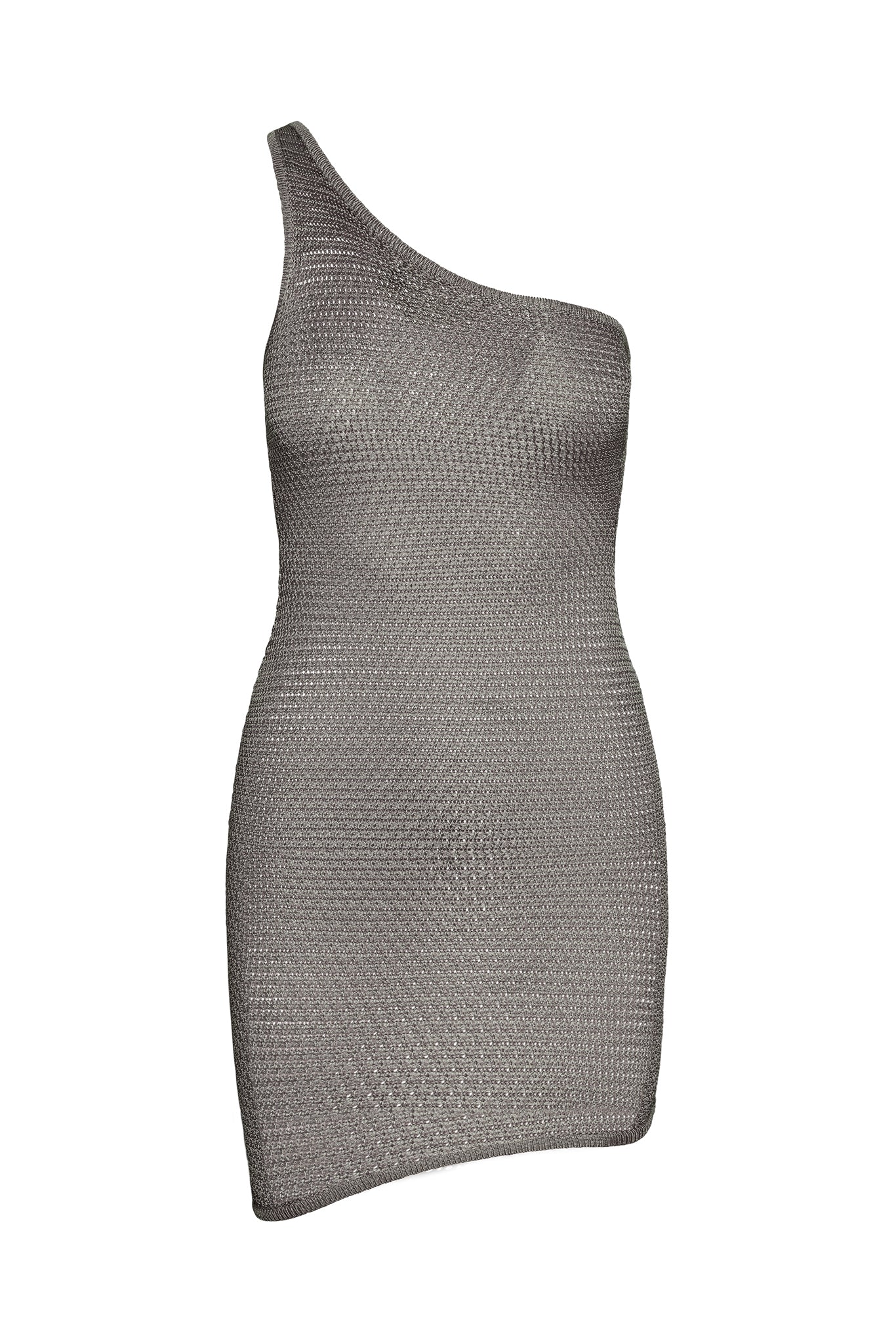 Front view of Taormina Dress in steel treble knit, one-shoulder mini with textured knit on white background