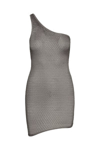Front view of Taormina Dress in steel treble knit, one-shoulder mini with textured knit on white background