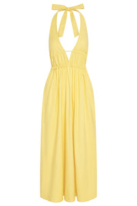 Front view of Santa Cruz Dress Meyer showing plunging halter V neckline and cinched elastic waist on white