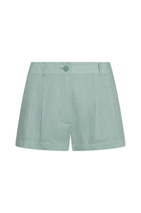 Front view of Casablanca Short in light slate linen showing high waist, belt loops, single button closure and cuffed hem on white