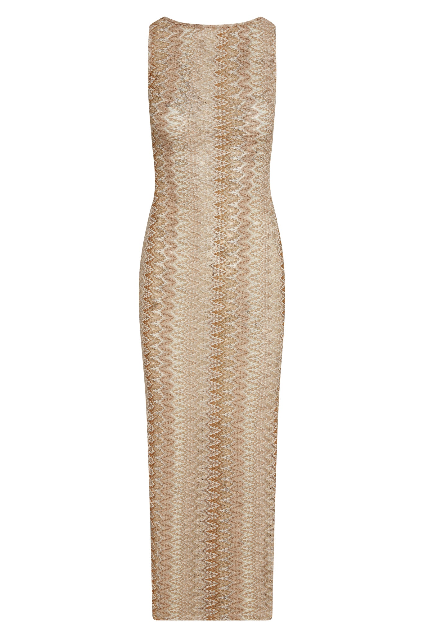 Front view of Oslo dress in Porto Cervo Gold showing fitted crochet knit pattern and sleeveless boat neck on white background