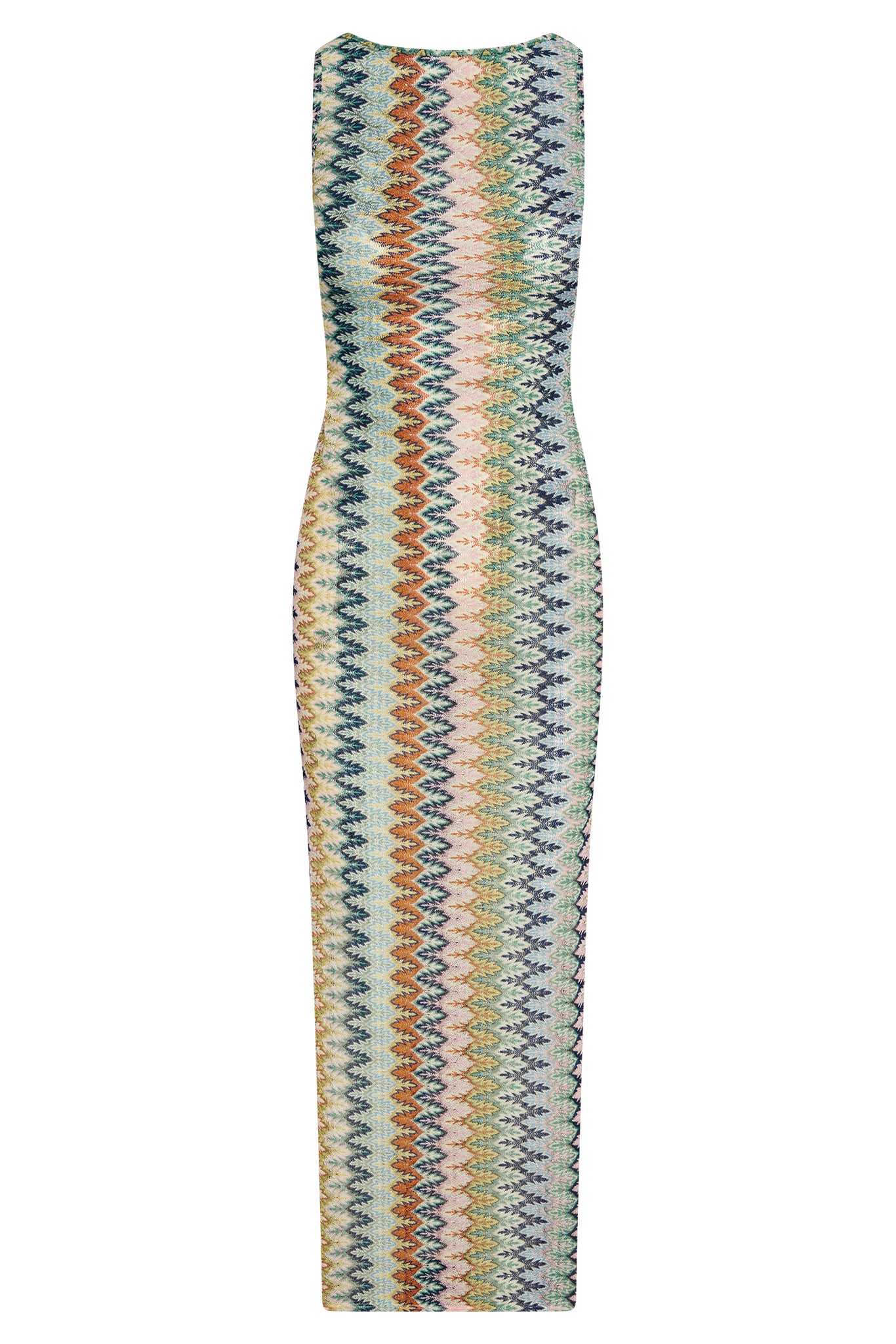 Front view of Oslo Dress in Porto Cervo Multi showcasing fitted sleeveless silhouette and multicolor zigzag knit pattern on white background