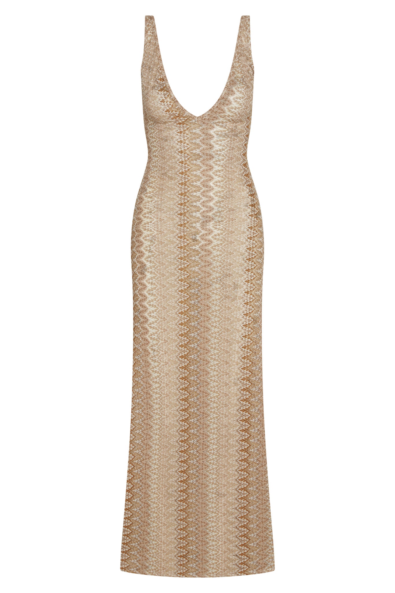 Front view of Sayulita Dress in Porto Cervo Gold with deep V-neck, fitted crochet and metallic zigzag pattern