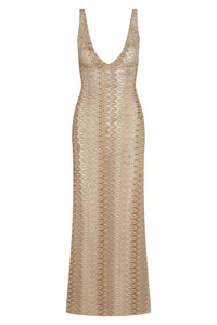 Front view of Sayulita Dress in Porto Cervo Gold with deep V-neck, fitted crochet and metallic zigzag pattern