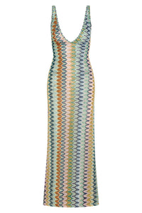 Front of Sayulita Dress (Porto Cervo multi) showing fitted crochet knit, deep V-neck and multicolor zigzag pattern