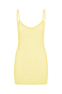 Front view of Zanzibar mini dress showing yellow petit crochet open knit, thin straps, scoop neckline on white background