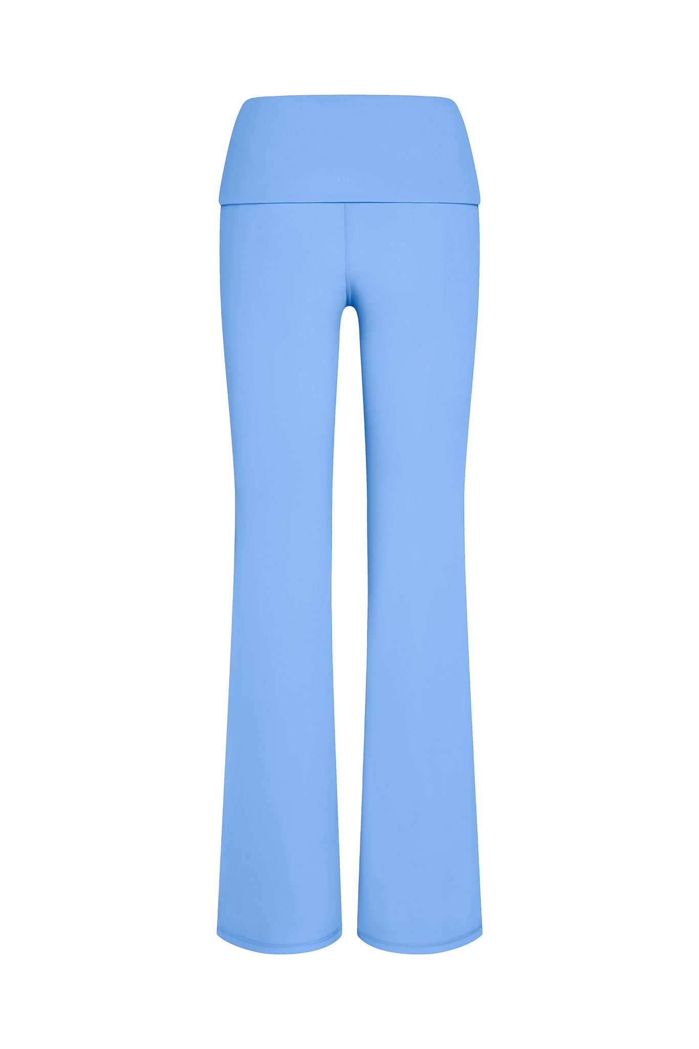 Light blue high‑waist flared yoga pants, back view on white background.