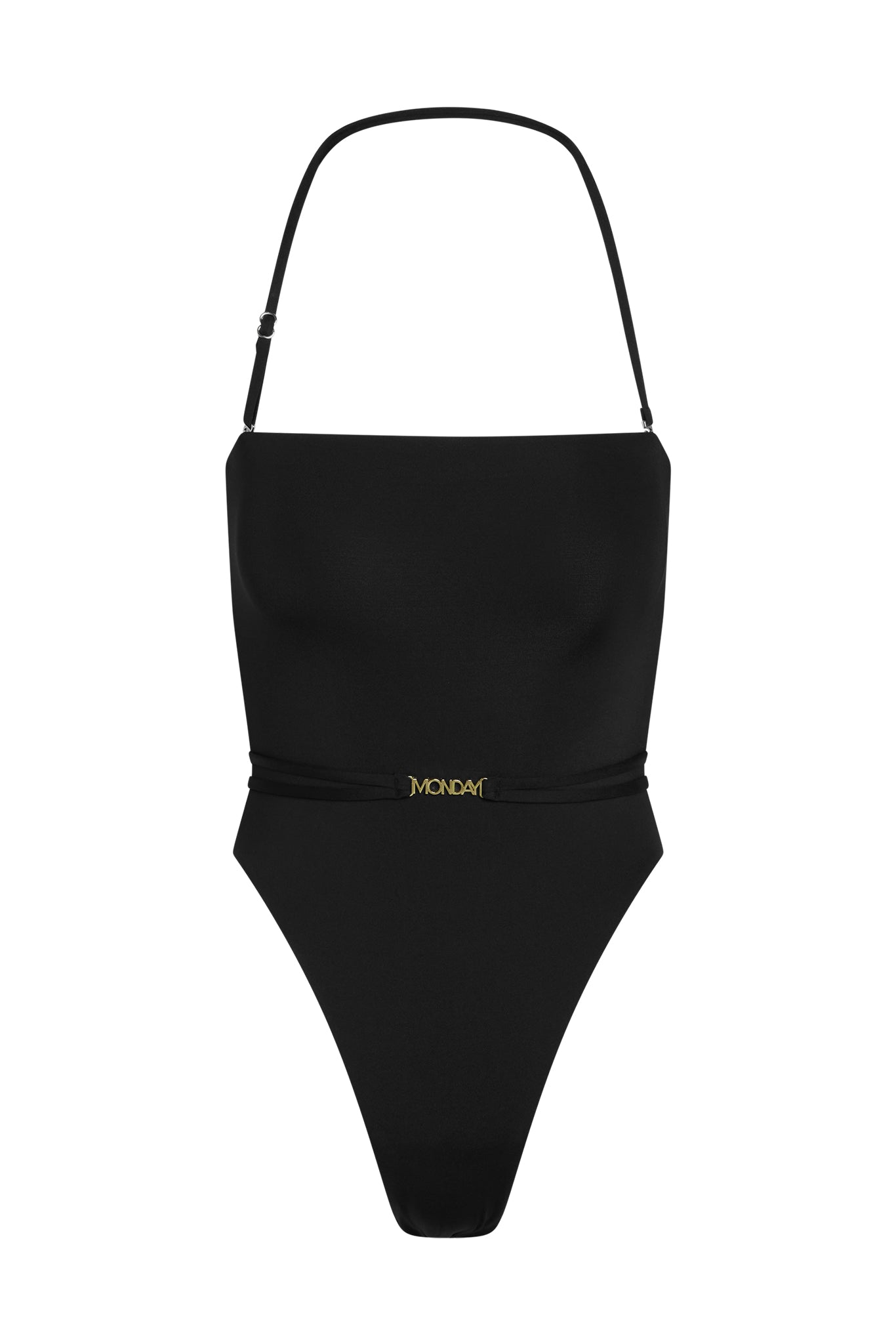 Black one-piece swimsuit with thin halter strap and small gold MONDAY logo belt at the waist.