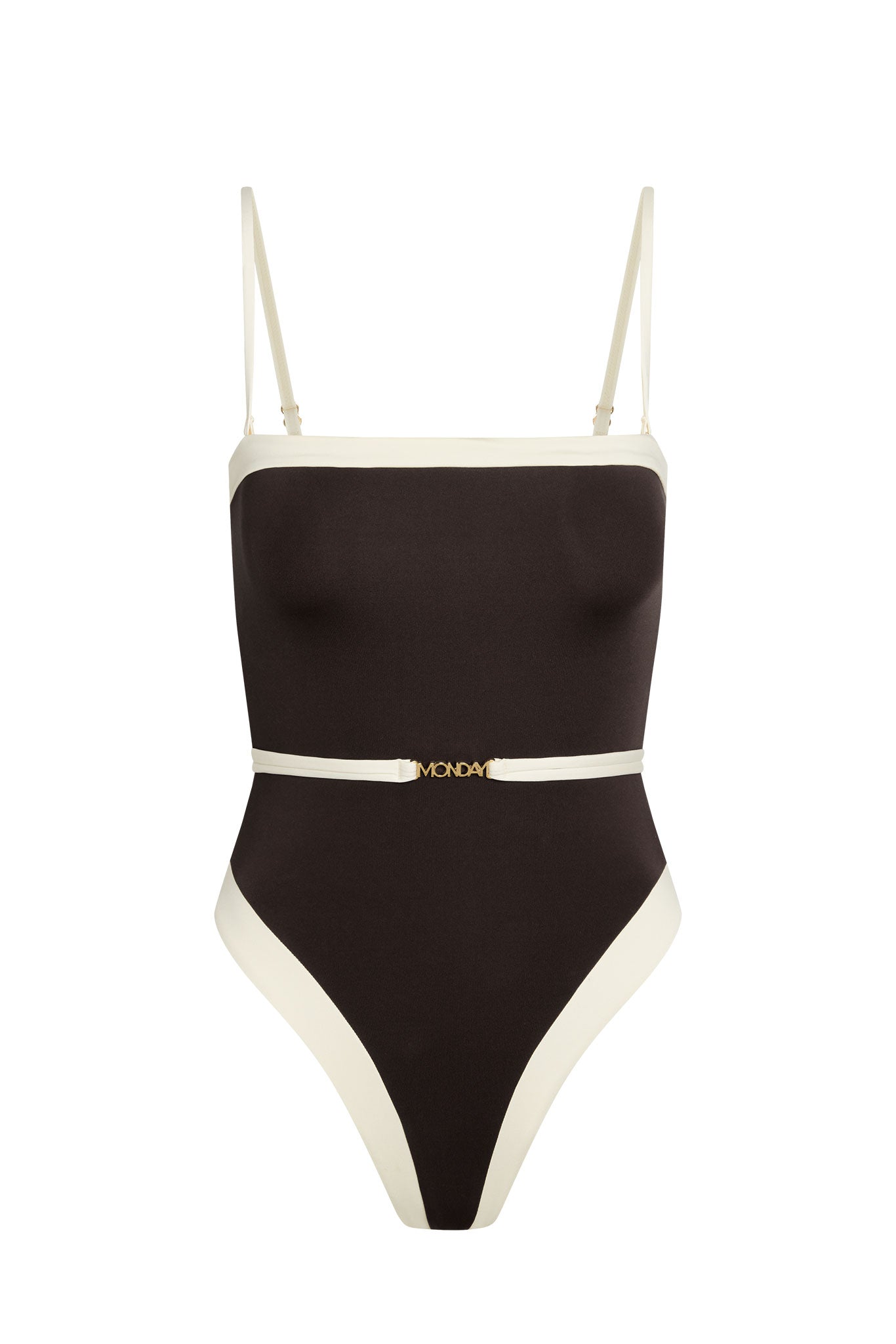 Black one-piece swimsuit with cream trim and adjustable thin straps; gold belt buckle reads MONDAY.
