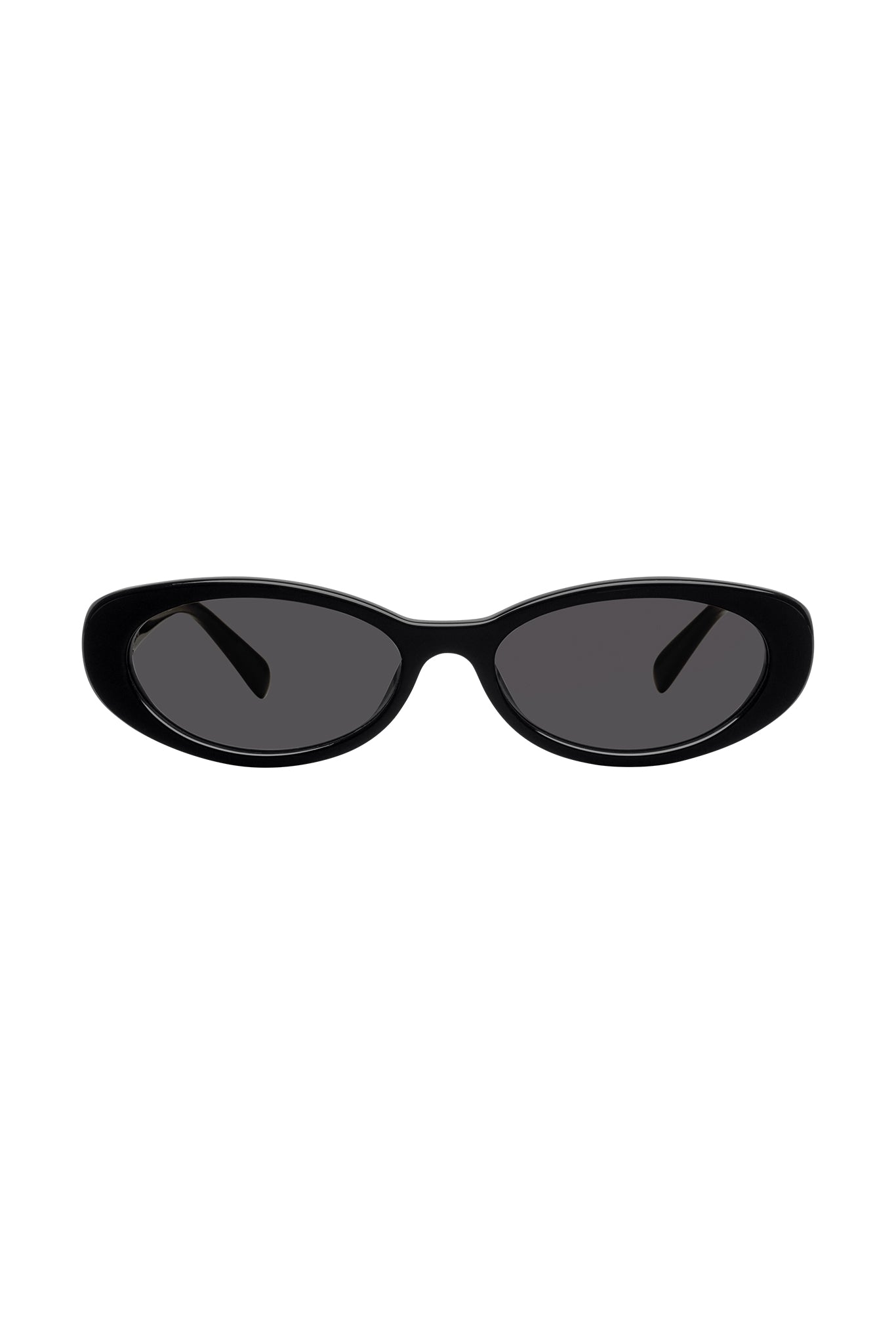 Black slim oval sunglasses with narrow cat-eye frame on white background