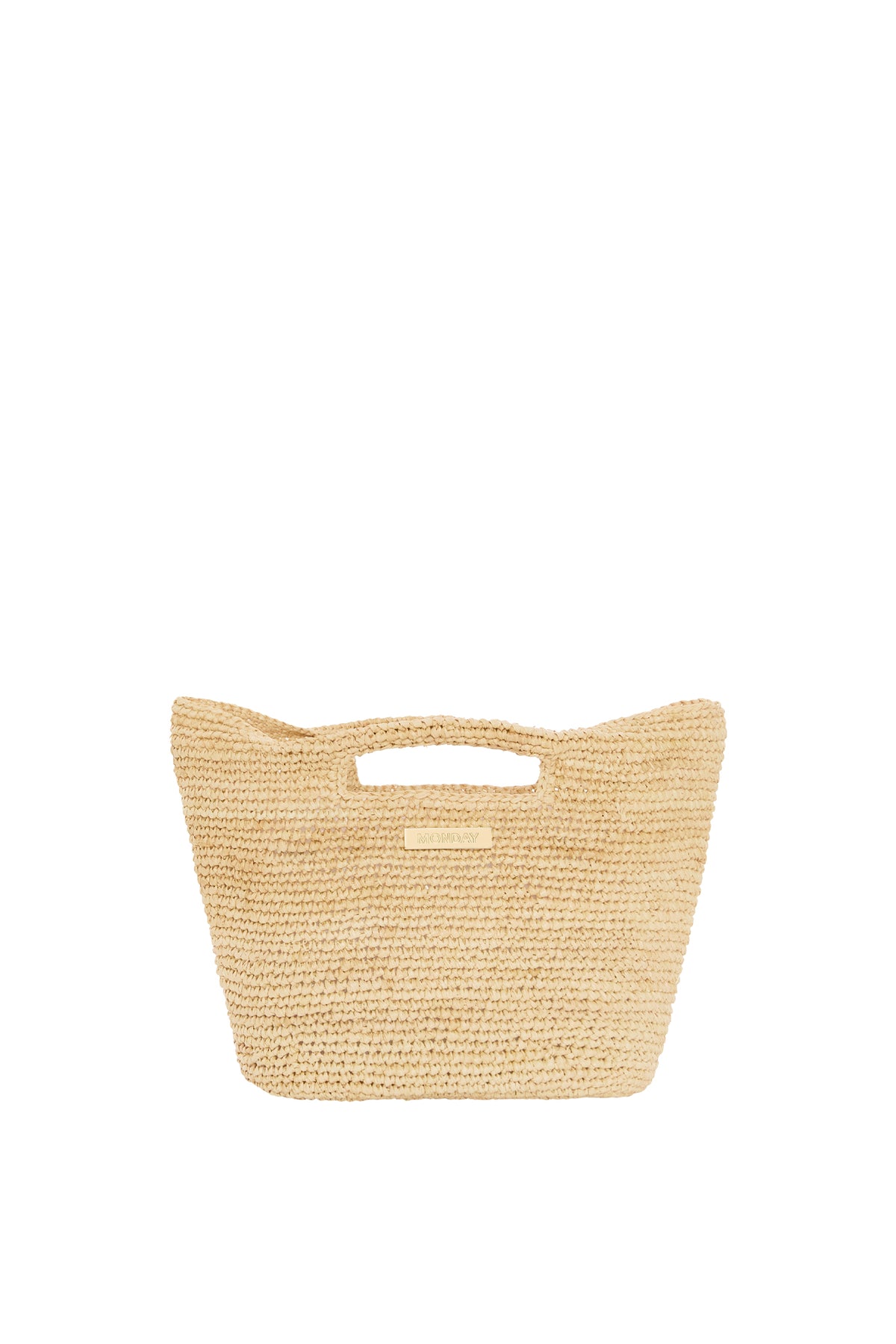 Front view of Paloma Mini Bag showing natural straw crochet texture, built-in top handle and gold MONDAY logo on white background