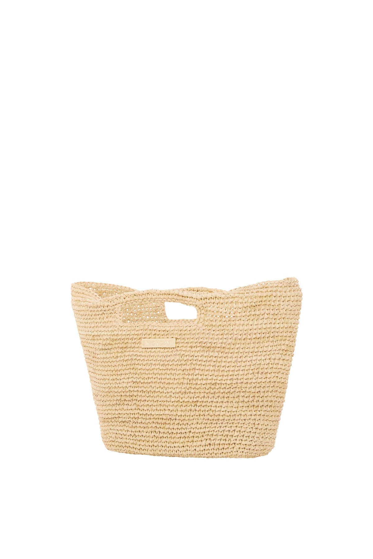 Front view of Paloma Mini Bag showcasing hand-crocheted raffia, cutout top handle and gold MONDAY logo on white